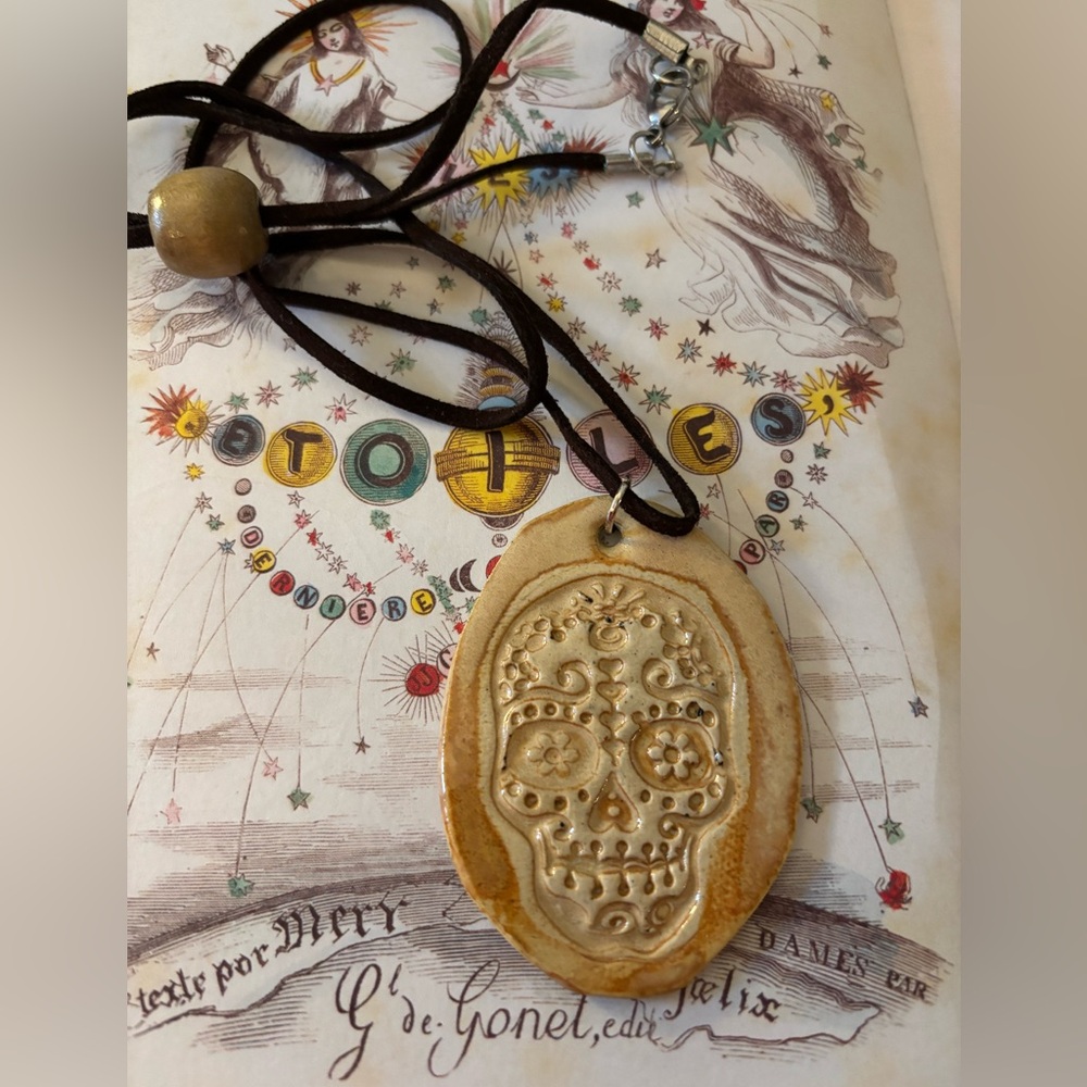 OOAK Ceramic Sugar Skull Pendant - Light and Dark Beige Colorway